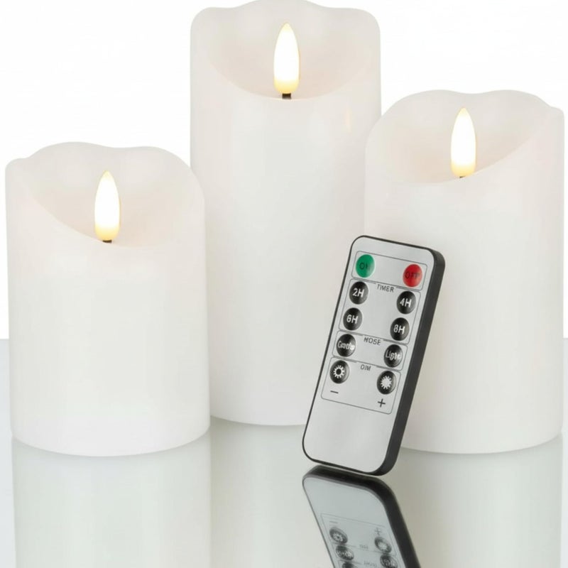 VENTA Set of 3 White Pillar Candles | Real Wax Battery Operated Flickering LED Candles with Remote | Timeless Decor for Farmhouse, Modern & Mantel Displays - Image 1